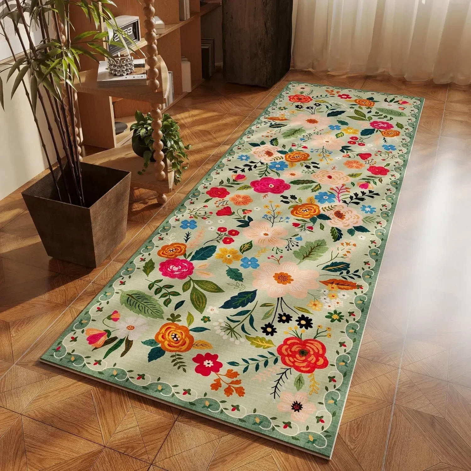 Bedroom Rug Bedside Long Floor Mat Soft Machine Washable Carpet Flower Pastoral Style Home Decoration Rugs for Living Room Hall