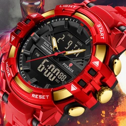 FOXBOX Mens Watches 5ATM Waterproof Dual Display Man Quartz Wristwatch Chronograph LED Luminous Alarm Male Electronic Watch Men