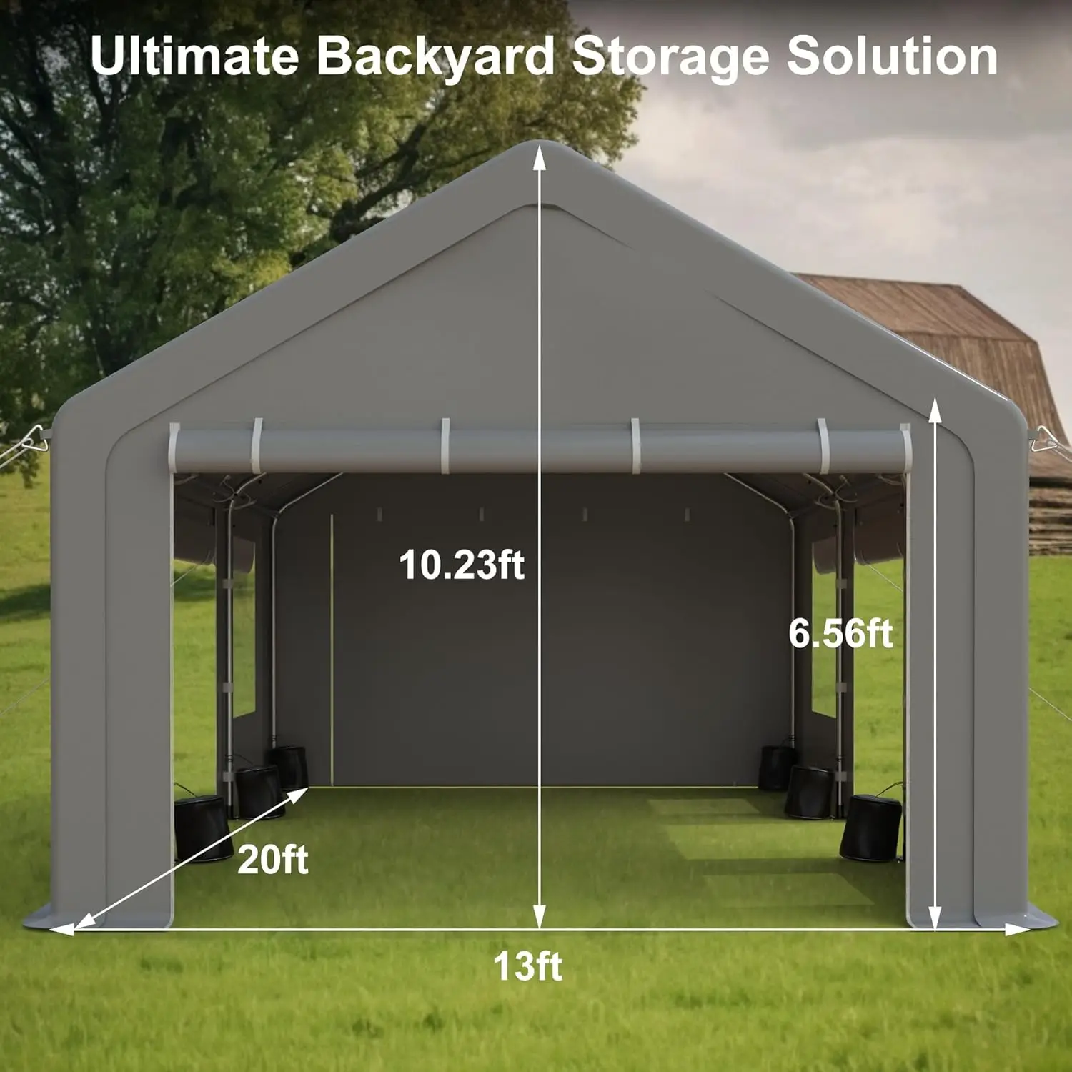 Carport 13X20Ft Portable Upgraded Garage，Heavy Duty Carport With 4 Roll-Up Doors & 4 Ventilated Windows, Uv Resistant