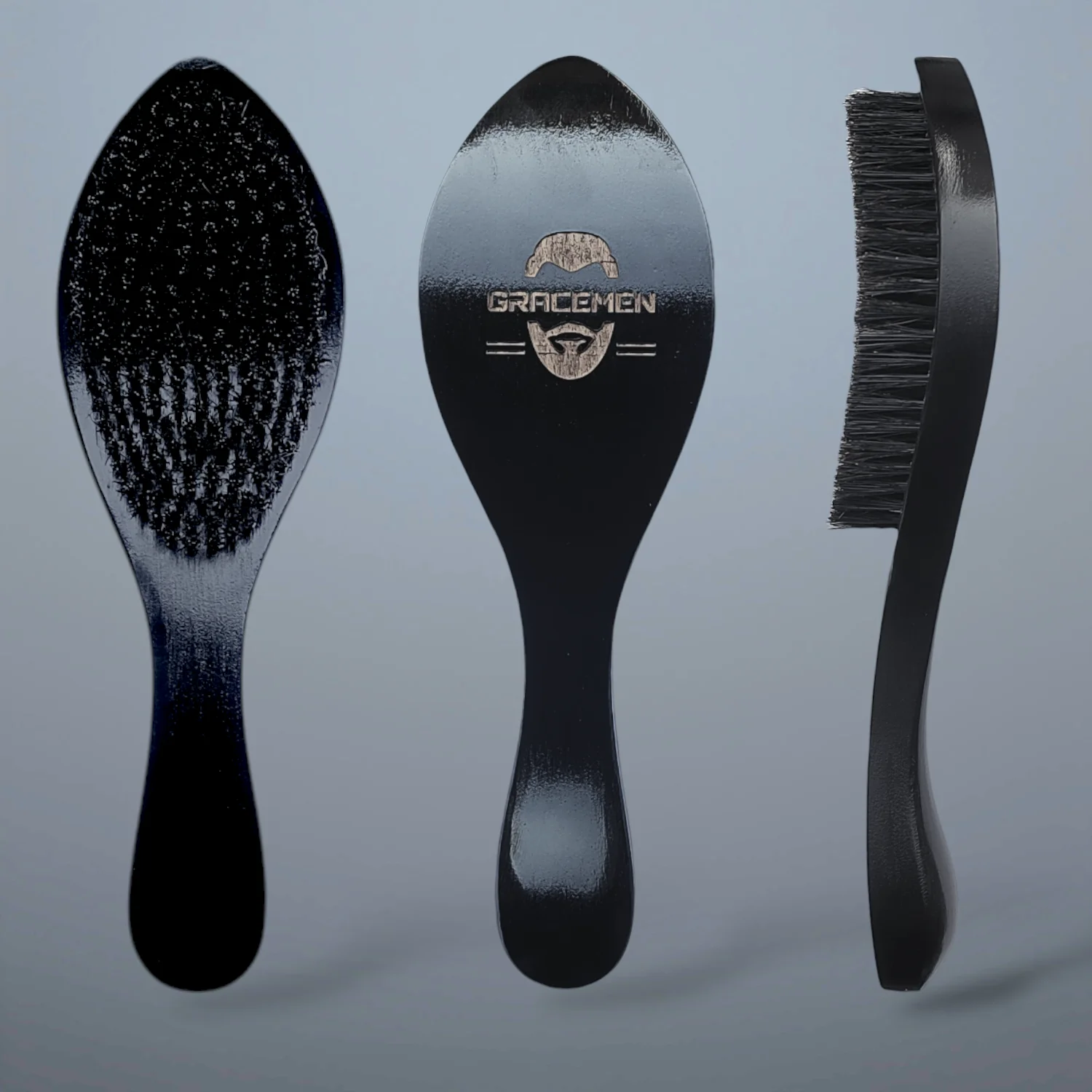 Gracemen 360 Wave Brush for Men Black Wooden Curved Hair Brush Medium Stiffness Nylon + Boar Bristles for Men's 360 Waves