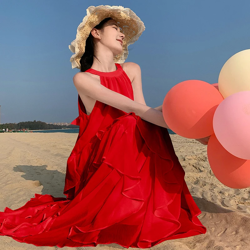 エレガントな妖精のようなネックハンギングレーストリムビーチバケーションドレス妖精のようなヘビーウェイトビーチケーキスカートポリエステル繊維ハイウエストAラインロングドレス