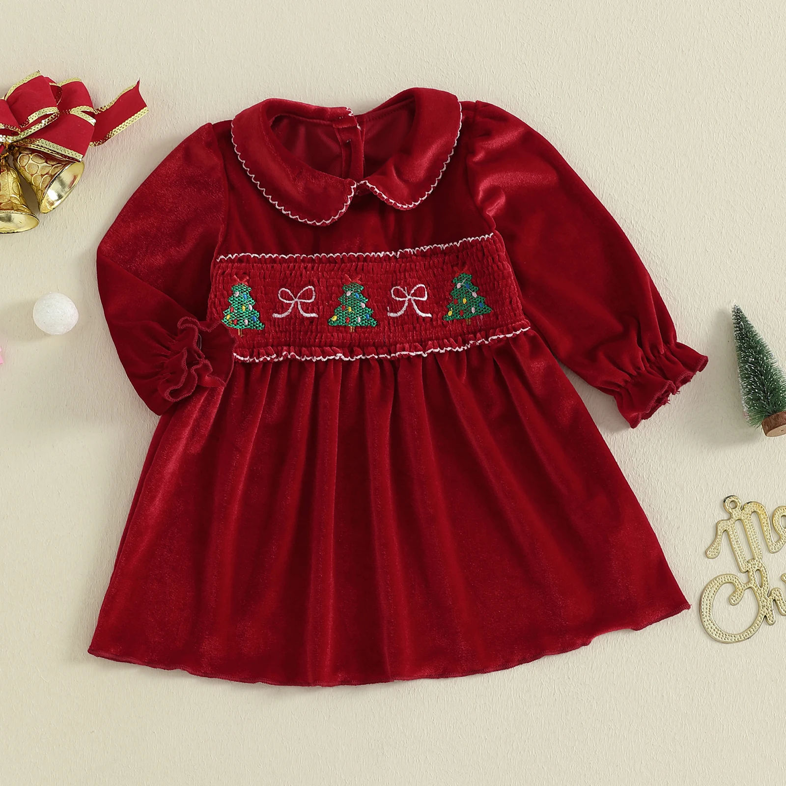 1-4Y Toddler Girl Christmas Velvet Dress Tree Embroidery Doll Collar Long Sleeves A Line Dress Party Holiday Xmas Dress