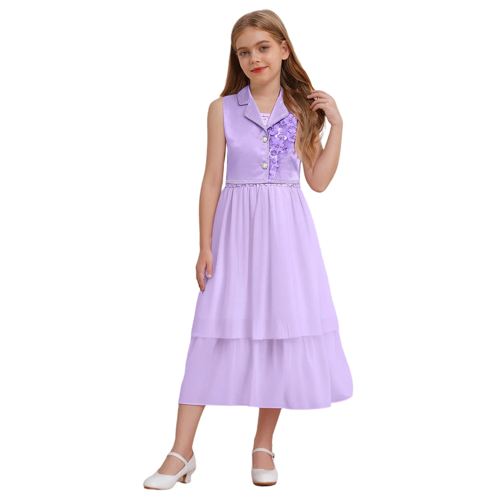 

Kid Girls Princess Sleeveless Lapel Rhinestone Flower Embroidery Bolero with Sequins High Waist Dress for Banquet Pageant Outfit