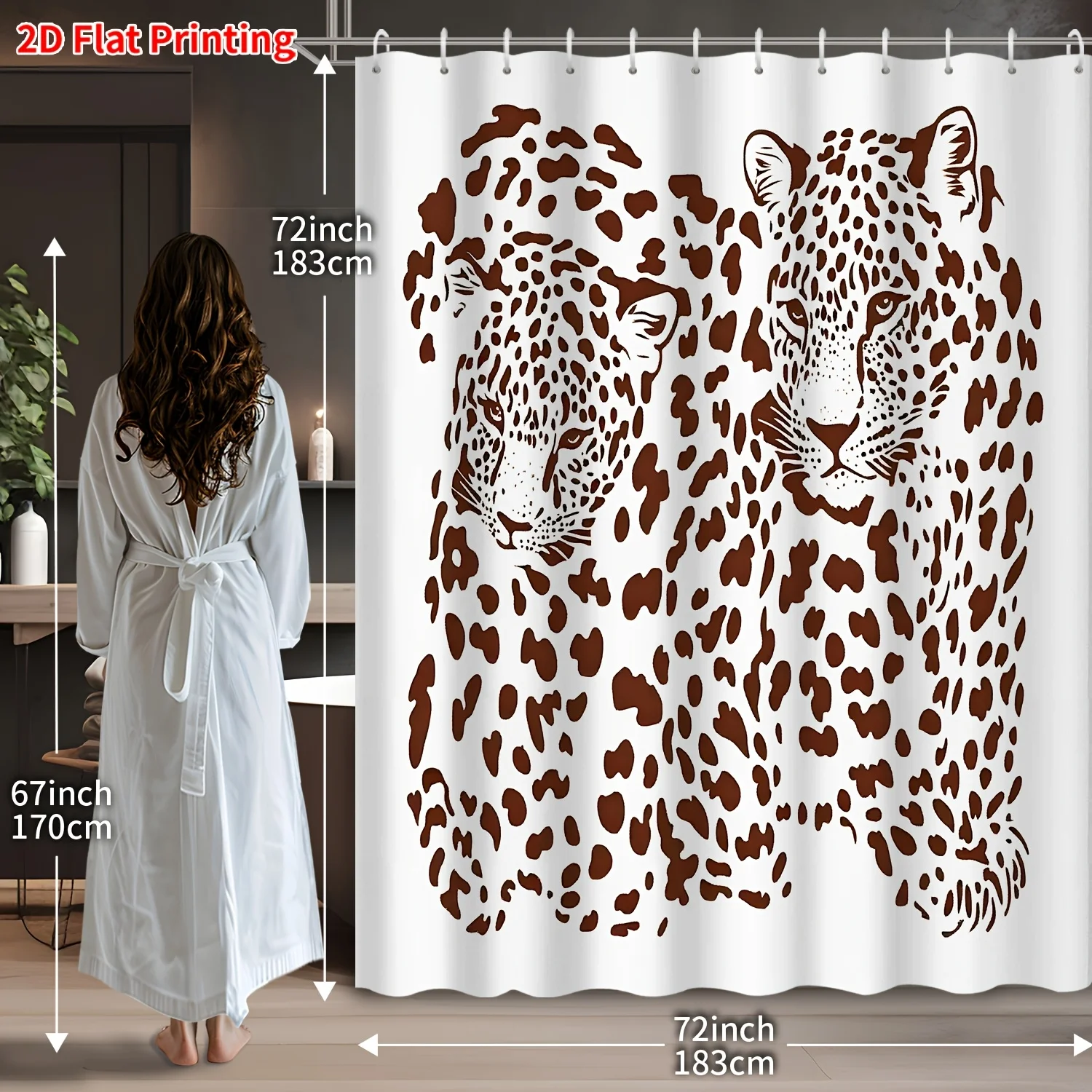Leopard Shower Curtain Hooks 2D Flat Print Brown Spots Two Heads White Background Polyester Washable