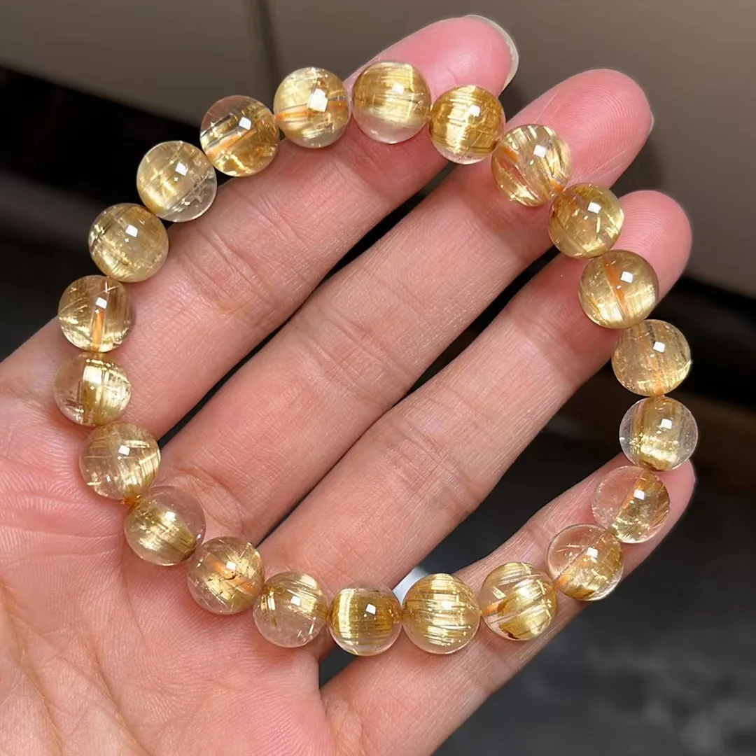 Natural Gold Rutilated Quartz Titanium beads Bracelet 8.7mm Wealthy Woman Men Clear Round Beads Jewelry From Brazil AAAAAAA