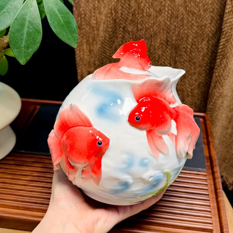 Enamel Color Goldfish Ceramic Tea Jar with Lid Creative Living Room Decoration Household Porcelain Goldfish Jar Candy Jar Decor