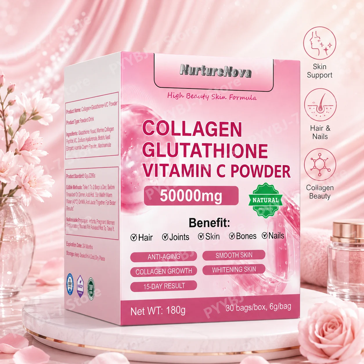 Collagen Peptides Glutathione Vitamin C Powder 30 Sachets, Marine Collagen Drink Mix Antioxidant Wellness Support