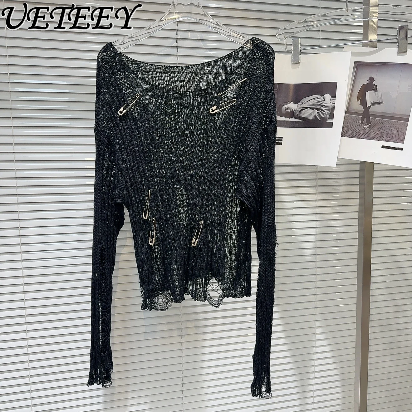 2025 Summer New Sweet Cool Babes Long-sleeved Solid Color Pullover Metal Pin Design Hollow Sunscreen Knitted Sweater for Women