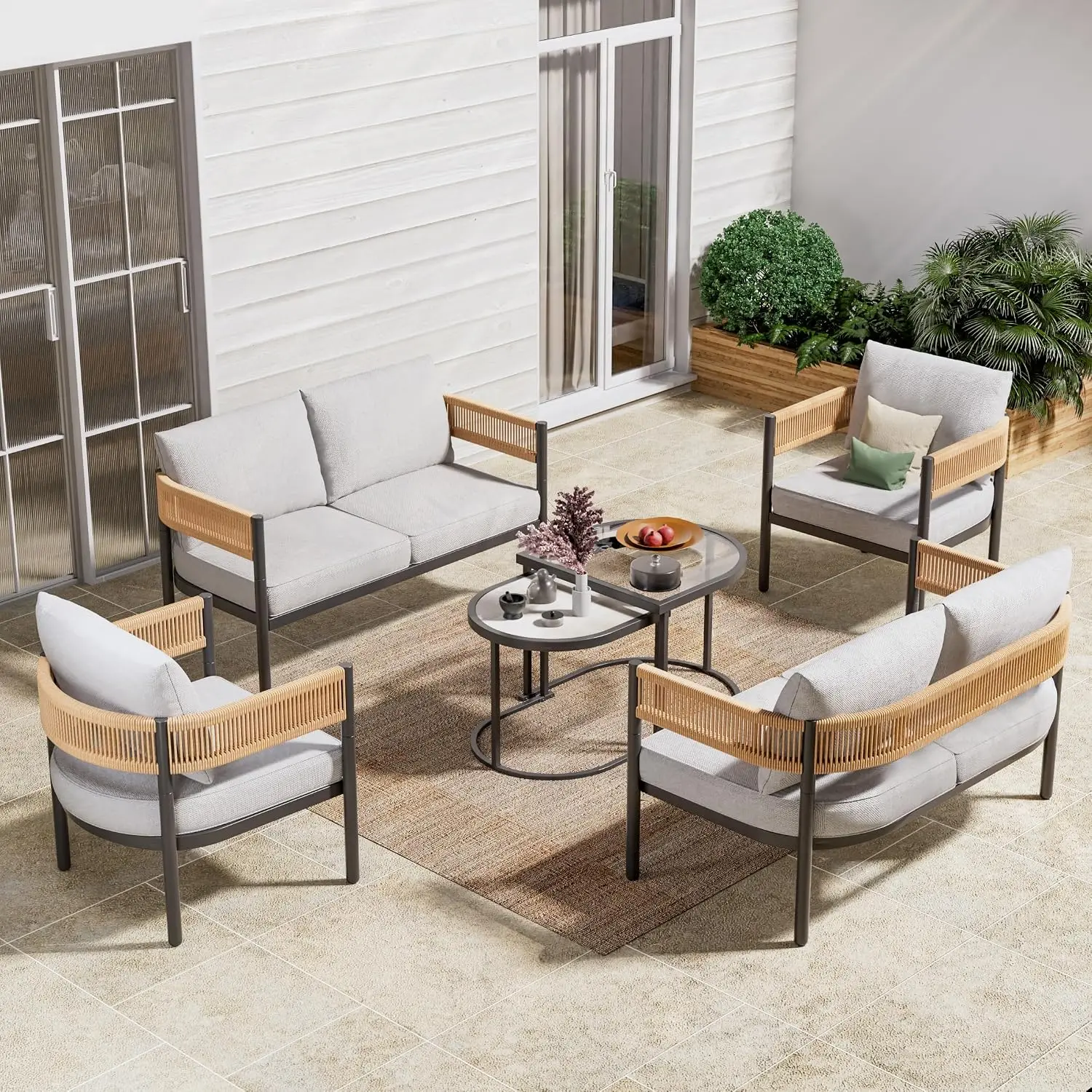 6 Seats Outdoor Sofa Set with Coffee Table, Natural, Customized