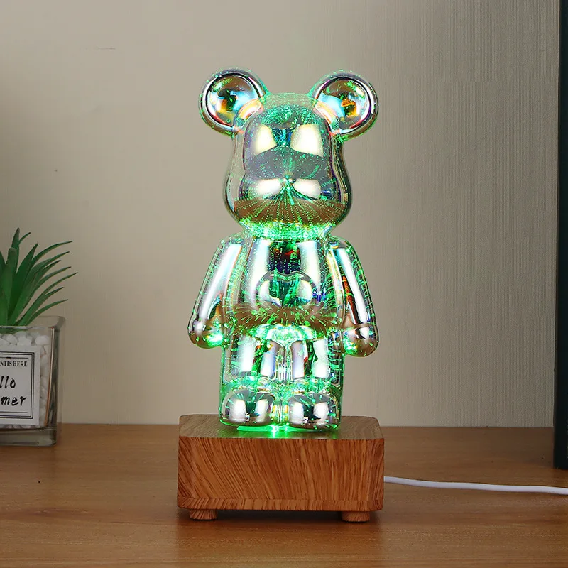 New 3D Fireworks Bear Night Light Bear Internet Celebrity Small Night Lamp Glass Bear Colorful Light Changing Household 3D LED