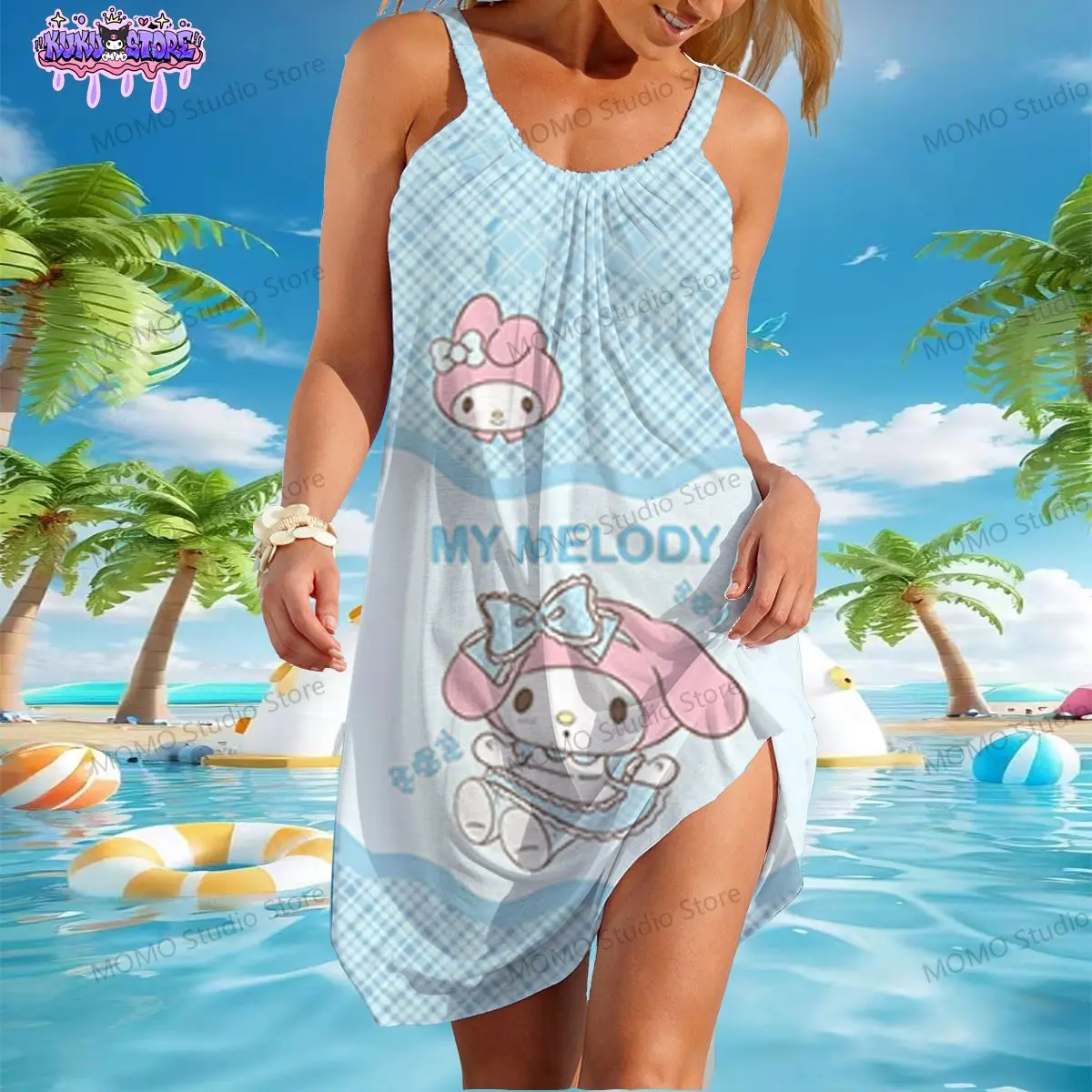 Robes de plage Kawaii Kuromi pour femmes, vêtements pour femmes jeunes, nouvelle robe Y2K, écharpe d'été, Boho Sanurgente, S-3XL, mode une pièce, 2024