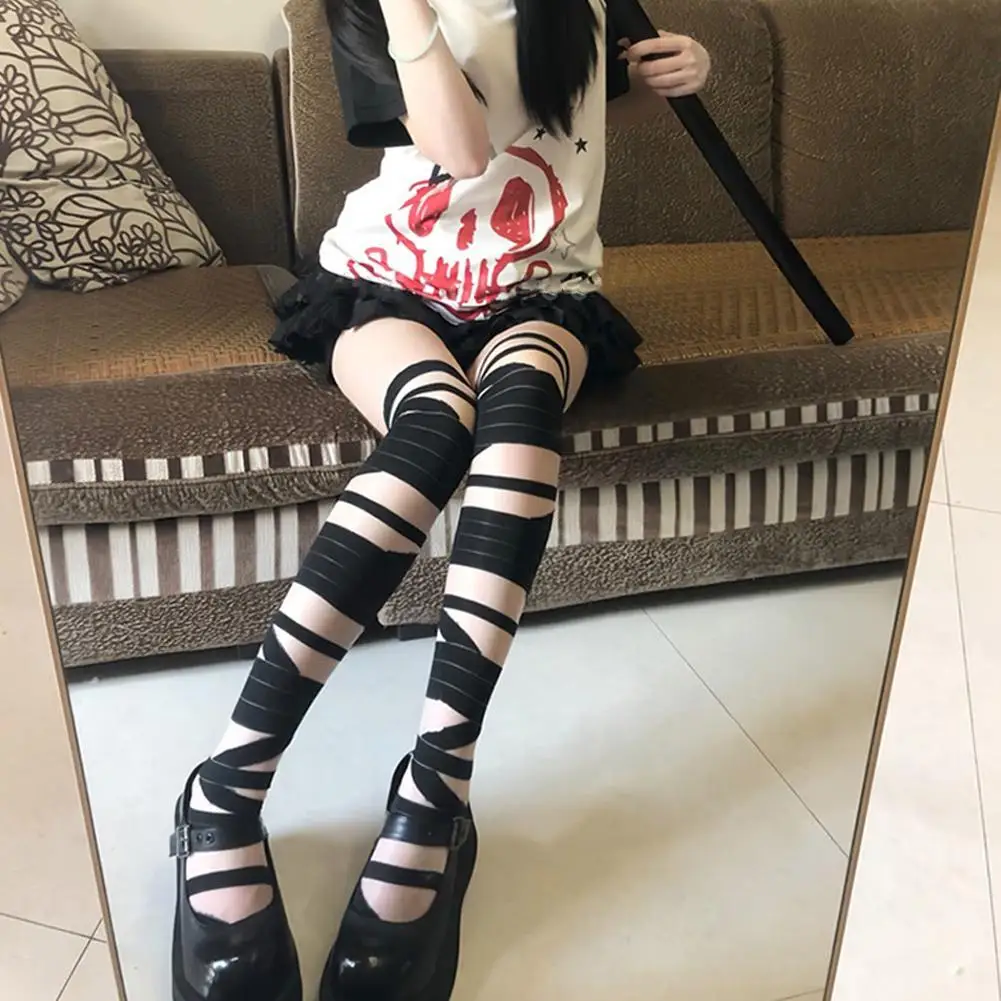 Women Bandage Stripe Long Stockings Female Japanese Lolita Jk Y2k Sexy Summer Cross Long Stockings Long Tube White Stockings