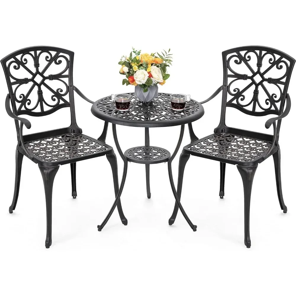 

3 Piece Bistro Table Set Cast Aluminum Outdoor Furniture Patio Table and Chairs with Umbrella Hole for Yard, Balcony, Porch