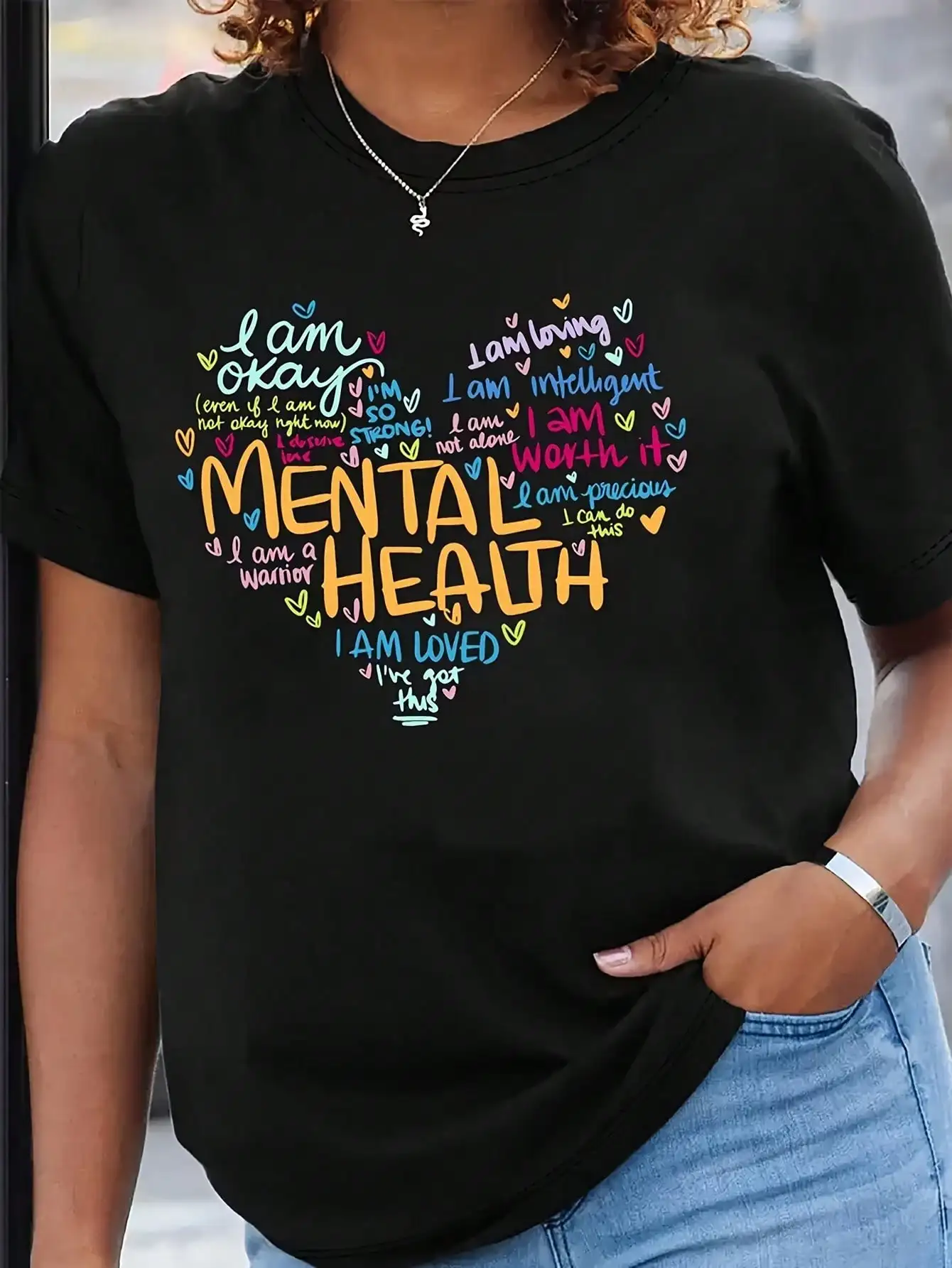 レディースカジュアルクルーネックTシャツ、メンタルヘルス啓発幾何学模様半袖、レギュラーフィット、ニットポリエステル生地