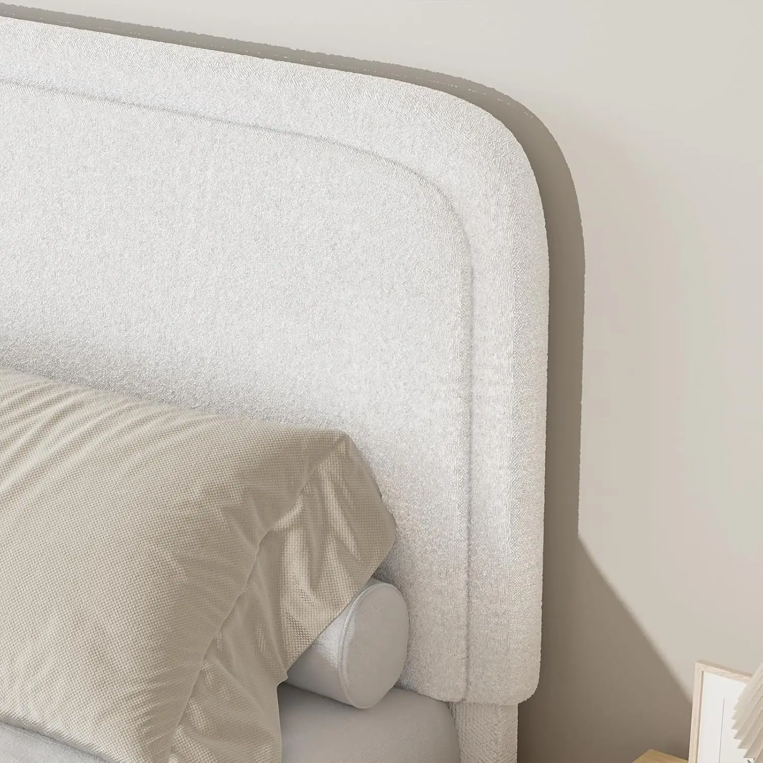 Full Size Bed Frame, Boucle Upholstered Platform Bed Frame with Headboard, Modern Style, Soft Rounded Corners