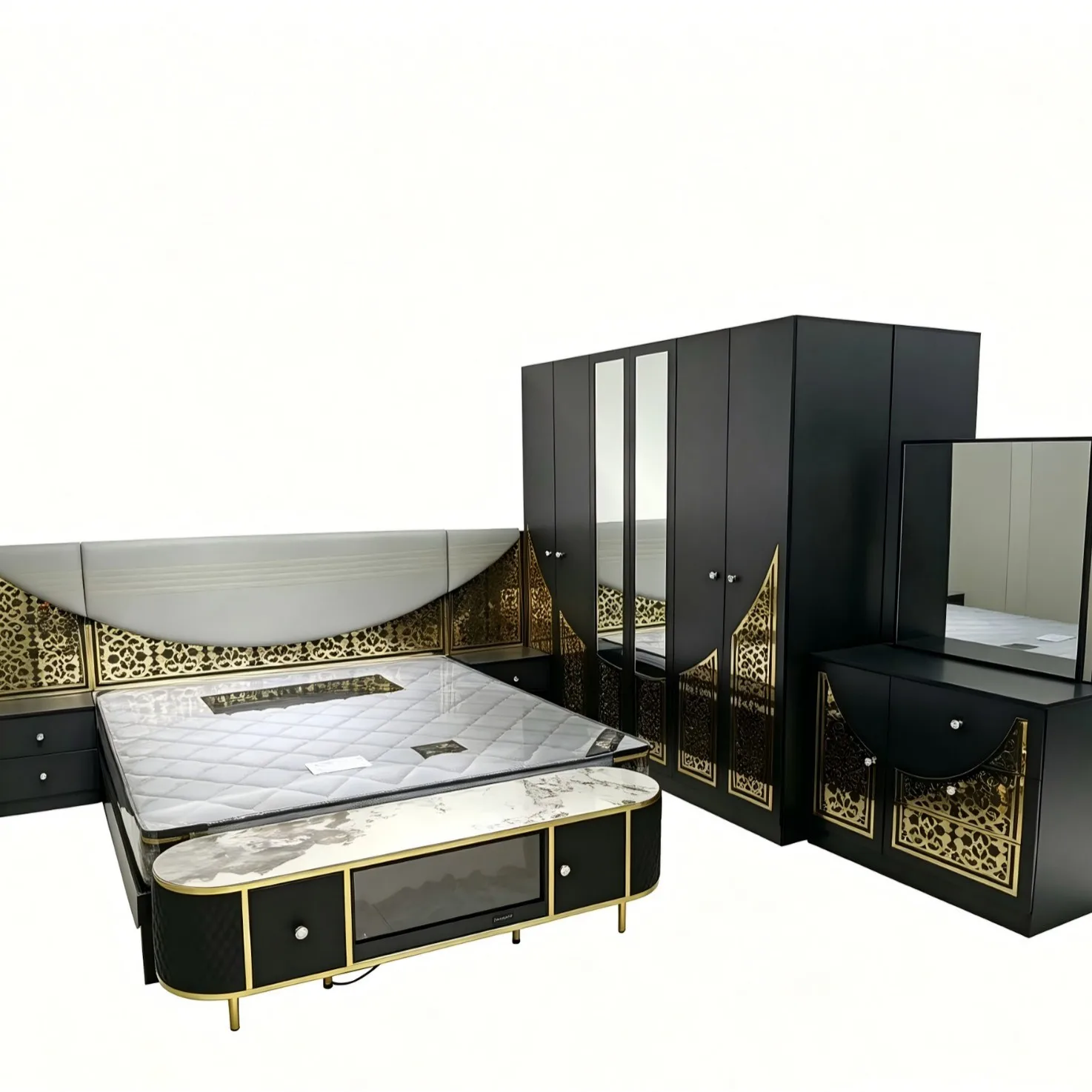 TNBKTFX092 light luxury black gold bedroom set, mirror wardrobe, bedside table, dresser, TV cabinet