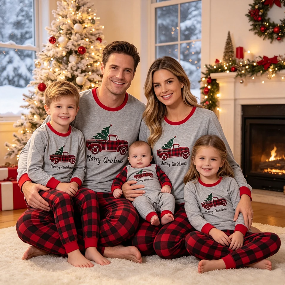 Soft Cotton Classic Plaid Family Matching Christmas Pajamas Winter Holiday Sleepwear Couple Parents and Children Xmas Loungewear