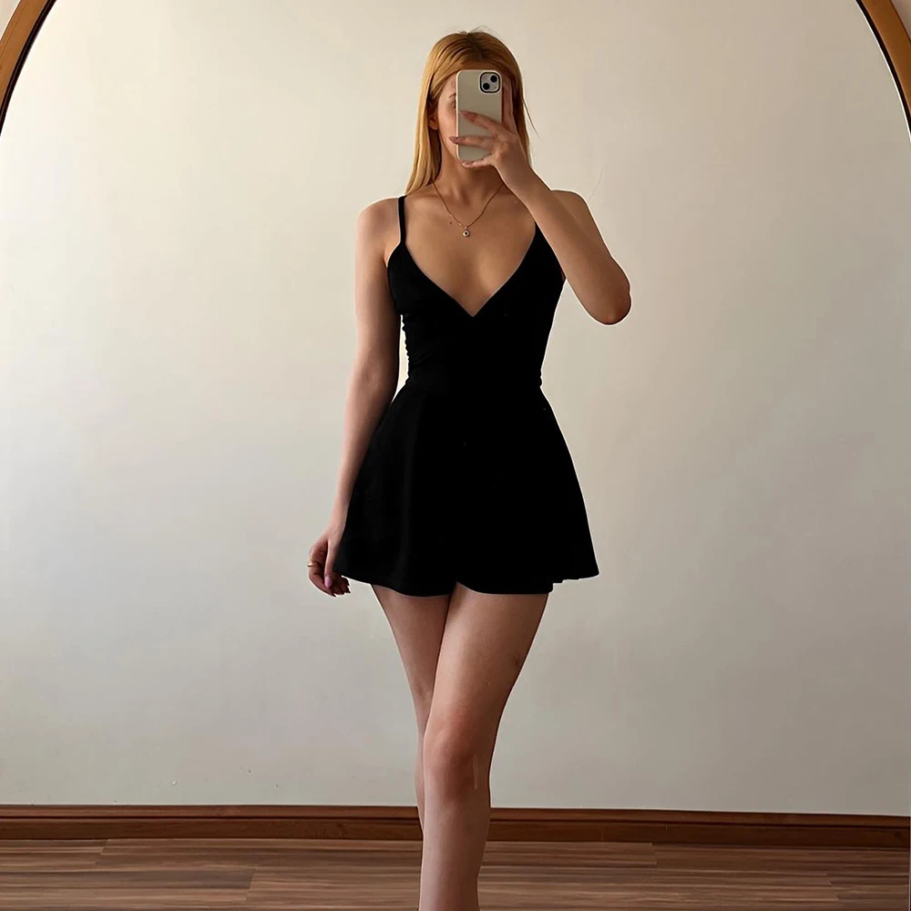 

Sexy Woman's Cocktail Dress Mini A Line Spaghetti Strap Black Cocktail Gown Jumpsuit V Neck Sleeveless Short Party Gown Pantsuit