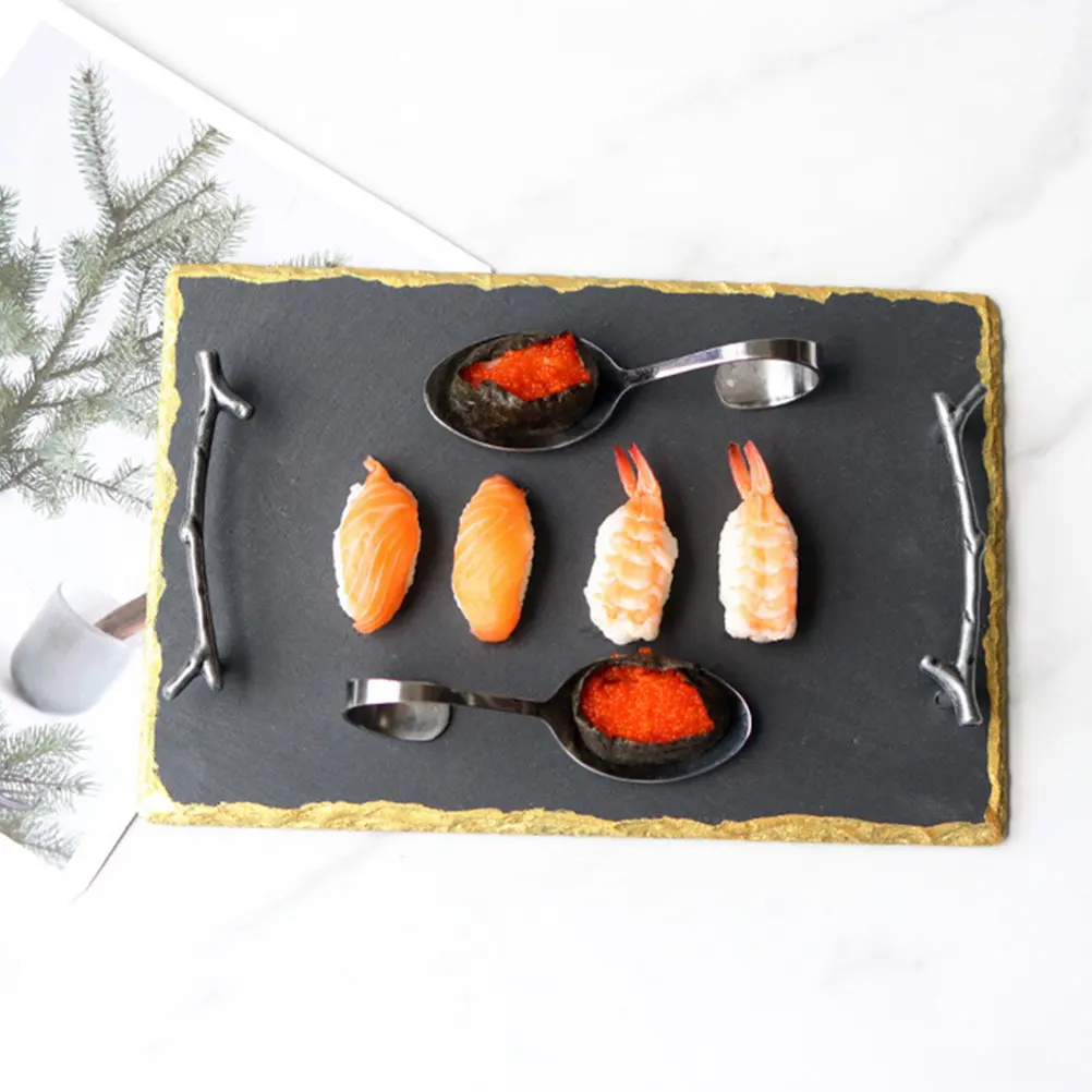 1Pcs Premium Pottery Food Tray Rectangular Serving Plate with Branch-Like Handles for Sushi Cakes Desserts Buffet Party Outdoor