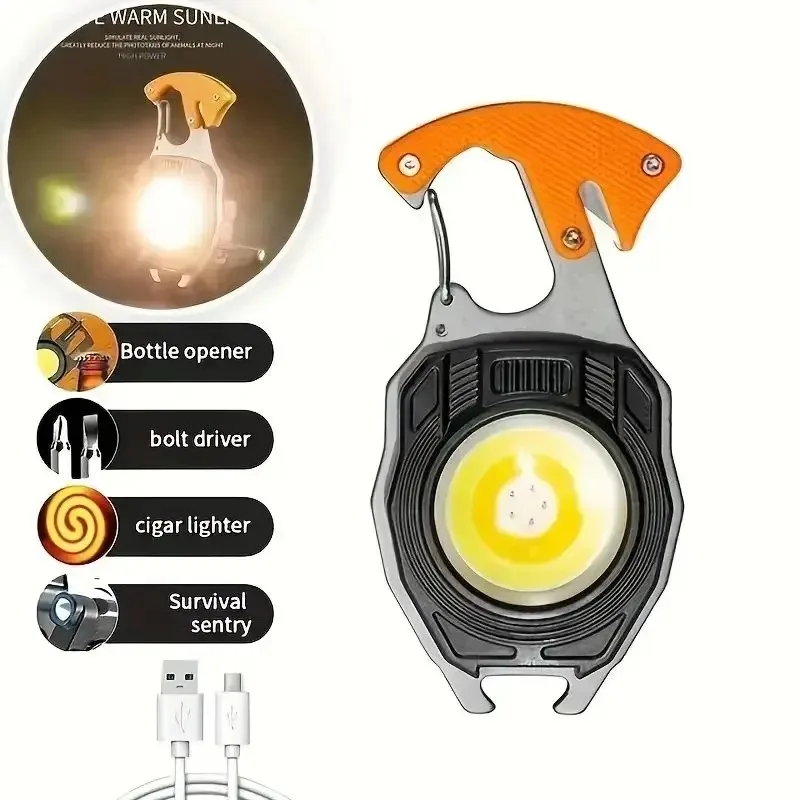 LED Flashlight Portable Multifunctional Mini COB Keychain Lamp USB Rechargeable Work Light Strong Torch Camping Outdoor Lantern