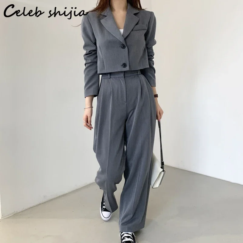 Chic Gray Blazers + High Waisted Pants Women Autumn Elegant 2 Piece Sets Office Ladies Business Long Sleeve Pant Suits OL