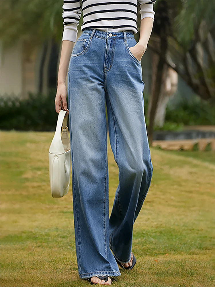 

Весна 2025: Прямые джинсы с высокой талией и модным дизайном Xhange Ele Step, модный дизайн, широкие джинсы с высокой талией