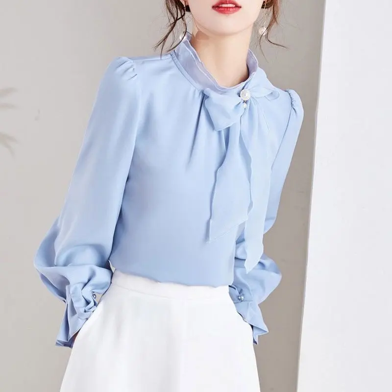 Women\'s Clothing Commute Stand Collar Bow Blouse Basic Solid Color Spring New Fashion Three-dimensional Decoration Ruffles Shirt