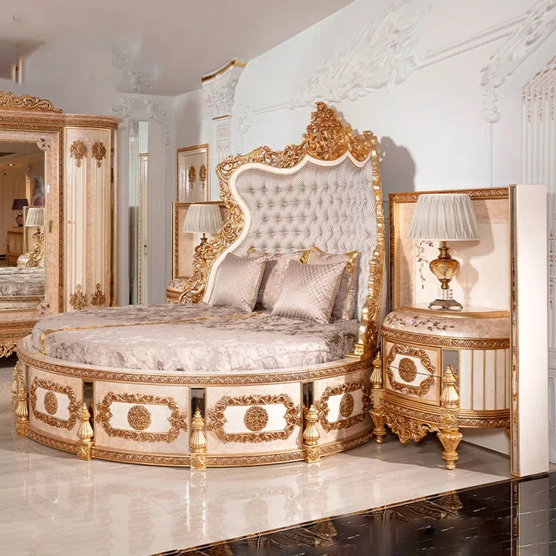 

solid wood round bed French large family carved bed master bedroom princess double wedding bed furniture customiz