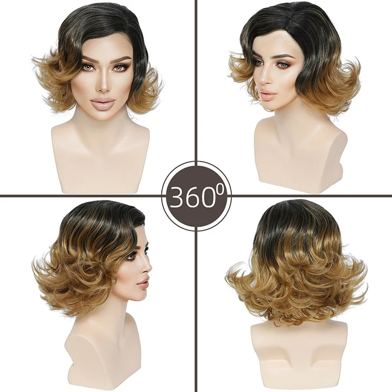 Cross border European and American new women's black gradient short curly hair wig-Synthetic fiber wig