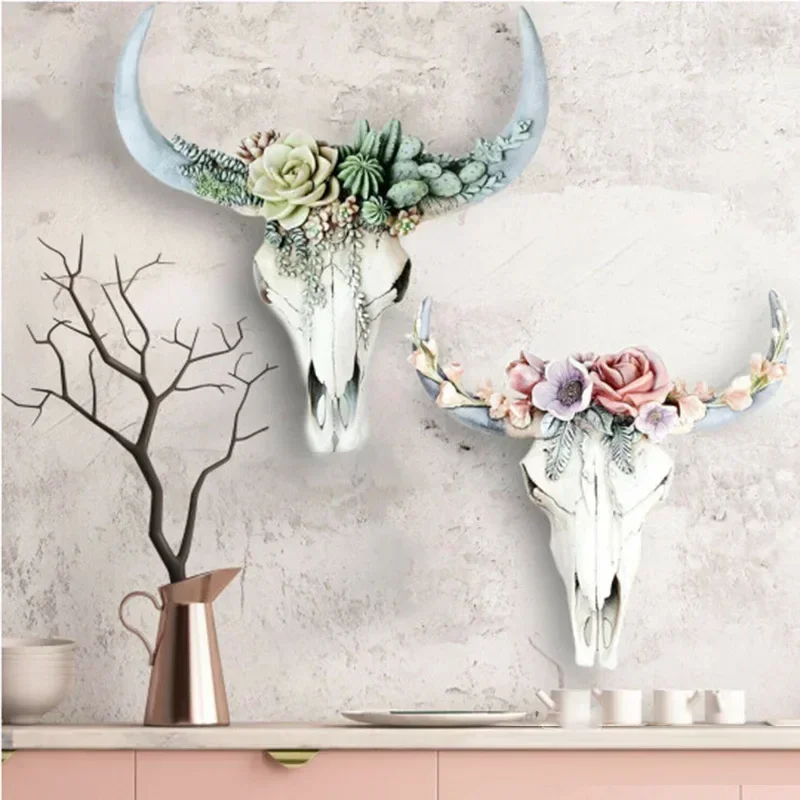 Resin Succulents Cow Skull Wall Pendant Flower Rose White Ox Head Resin Pendant European American Home Garden Decorations