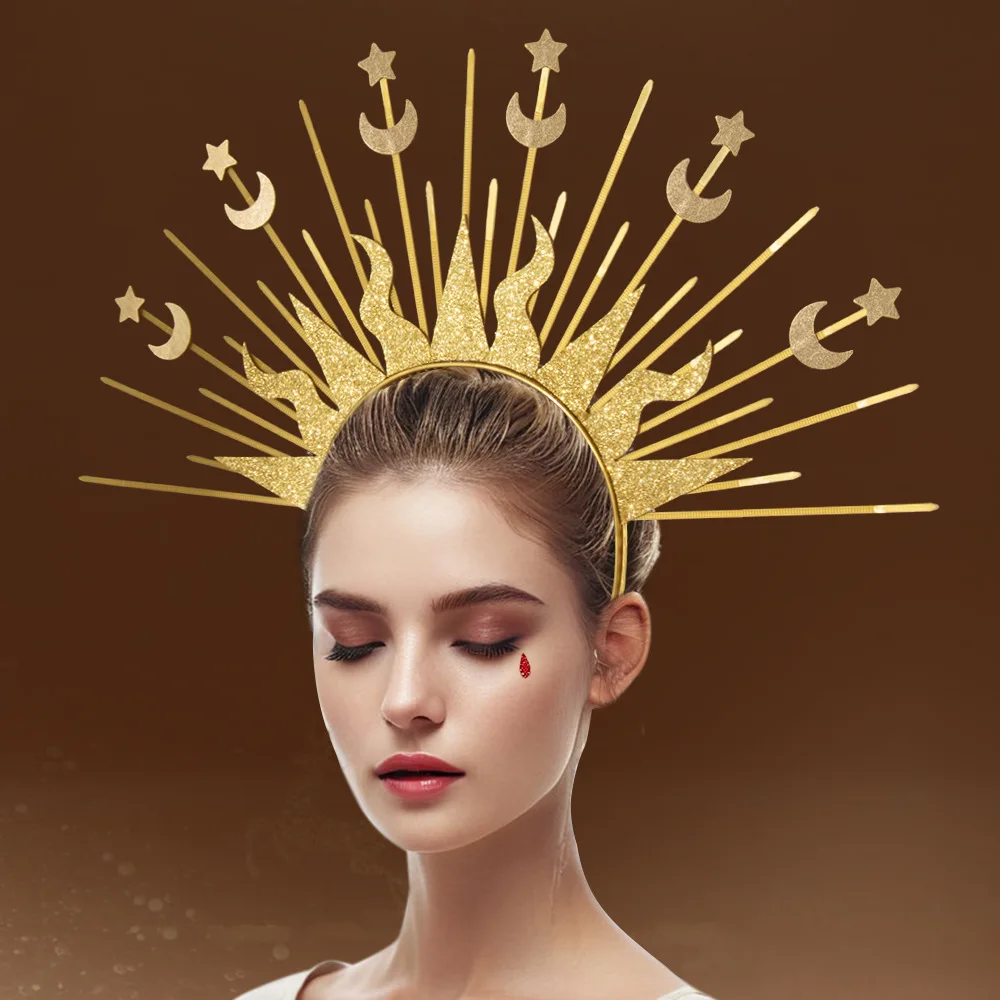 

Золотая заколка для волос «Богиня Солнца, Звезды и Луны», модный головной убор для подиума, аксессуар для ролевых игр и вечеринок
