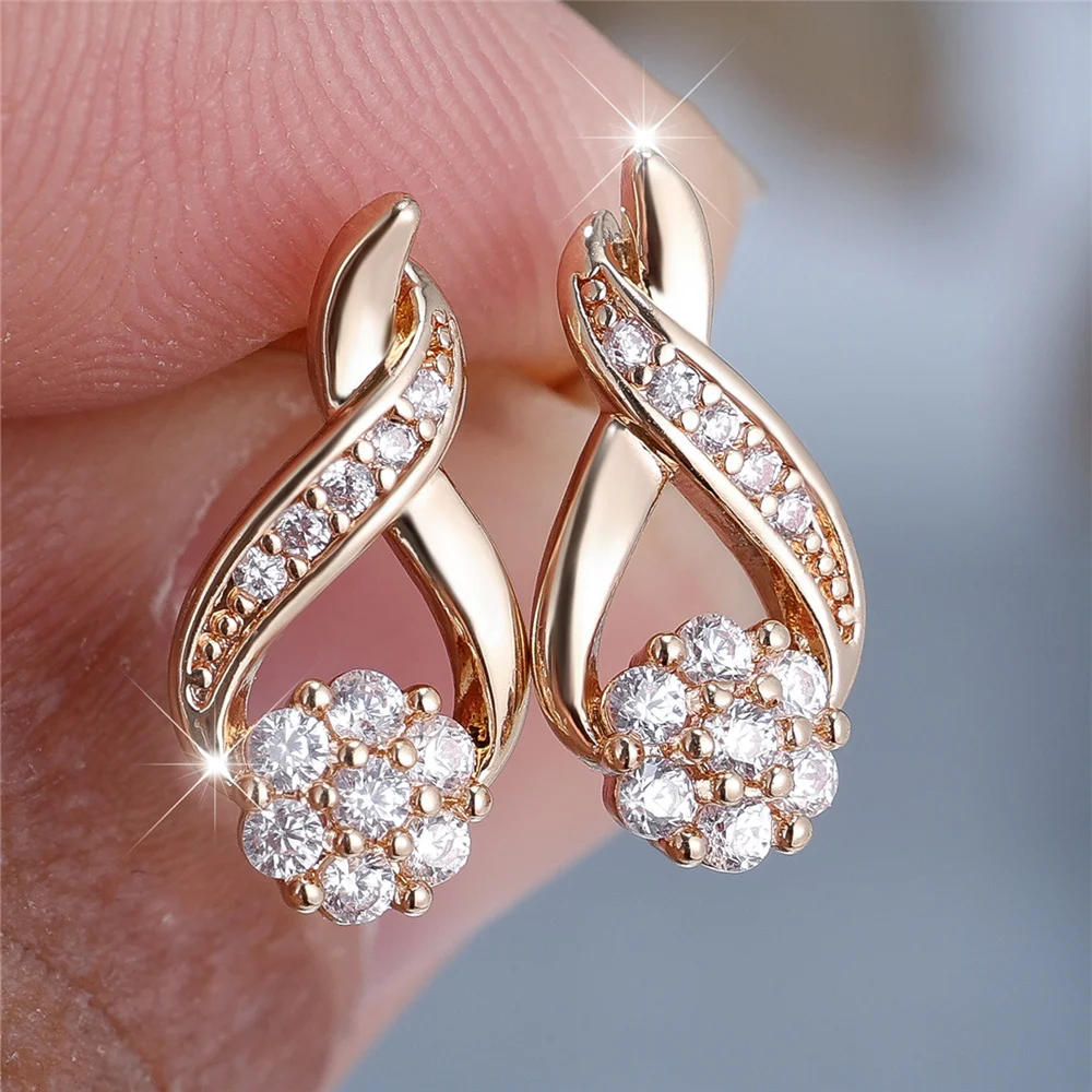 Cute Female Small White Round Stone Snowflake Stud Earrings Gold Color Zircon Wedding Jewelry For Women