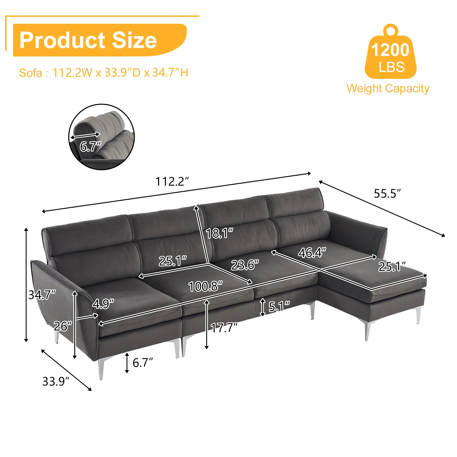 282x142x88cm Pushback Chair 4 Seats Sofa W/Footstool Plaid Fleece Gold Triple Leg Indoor Modular Couch Orange/Black/Beige[US-W]