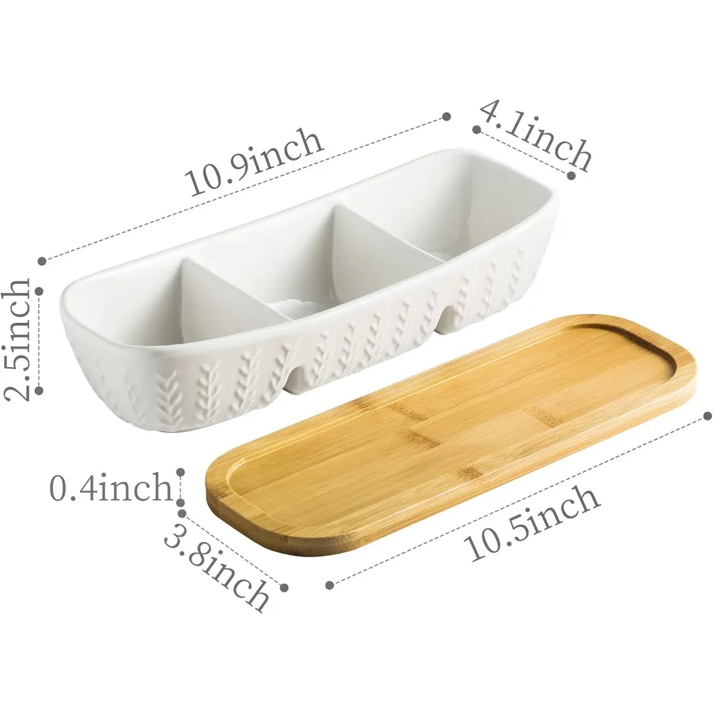 صينية بهار مكونة من 3 أقسام، وعاء رقاقة وغمس مع صينية تقديم خشبية، مثالية للوجبات الخفيفة والمقبلات والفحم والرقائق، كاليفورنيا