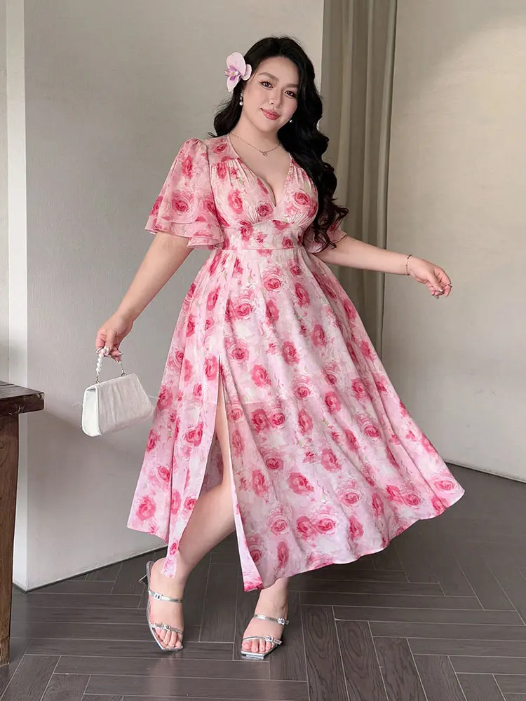 Robe longue d'été grande taille, col en v, imprimé Floral, fentes latérales, manches pétales, robe de soirée élégante, grande taille, vêtements pour femmes, nouvelle collection
