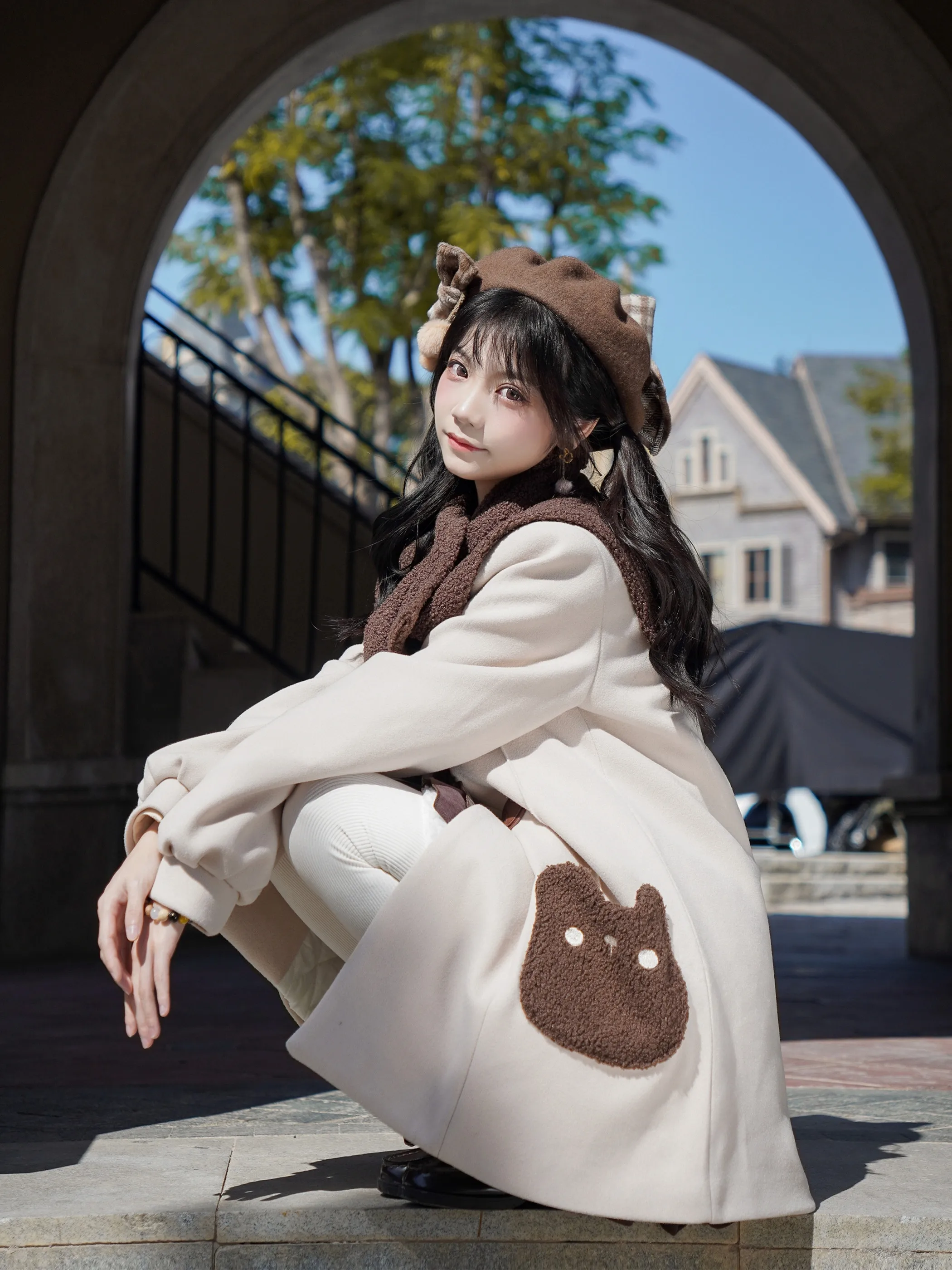 2025 Autumn Winter New Off-White Horn Button Coat Japanese Cute College Style Woolen Jacket Brown Cake Short Skirt