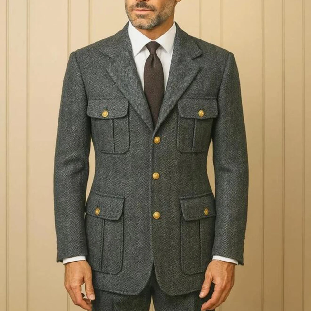 Gray Herringbone Suit Men 2 Piece Sets Safari Style Jacket Pants Formal Outdoor Hunting Smoking Business Party Tuxedo Customized