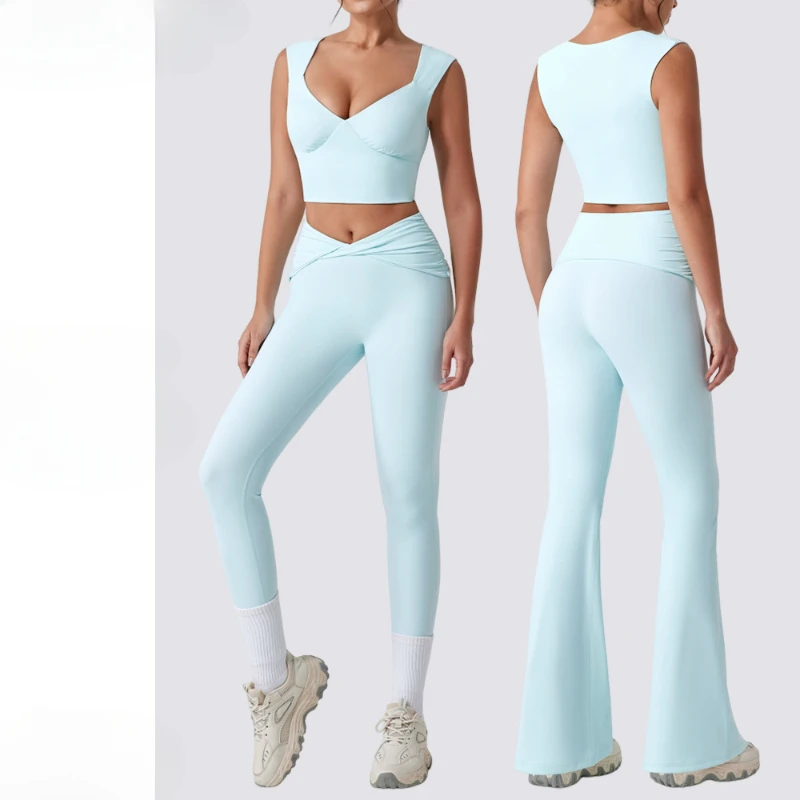 Trendy 2 Pieces Y2K Outfit Tracksuits Crop Tops Flare Leggings,Sports Bell Bottoms Workout Lounge Sets For Women