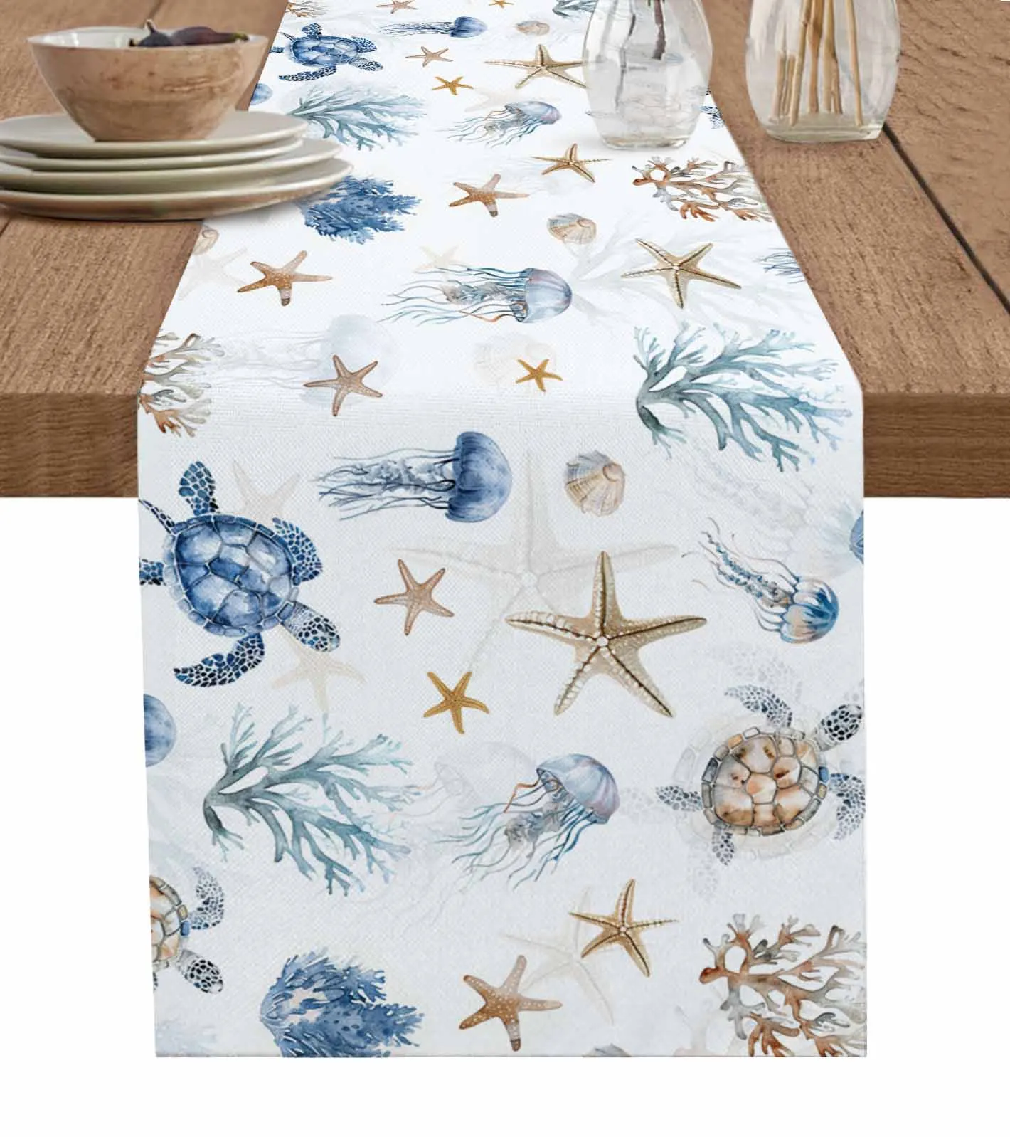 Sea Turtle Coral Jellyfish Table Runners Holiday Kitchen Table Decor Cotton Linen Table Runners Wedding Party Decor