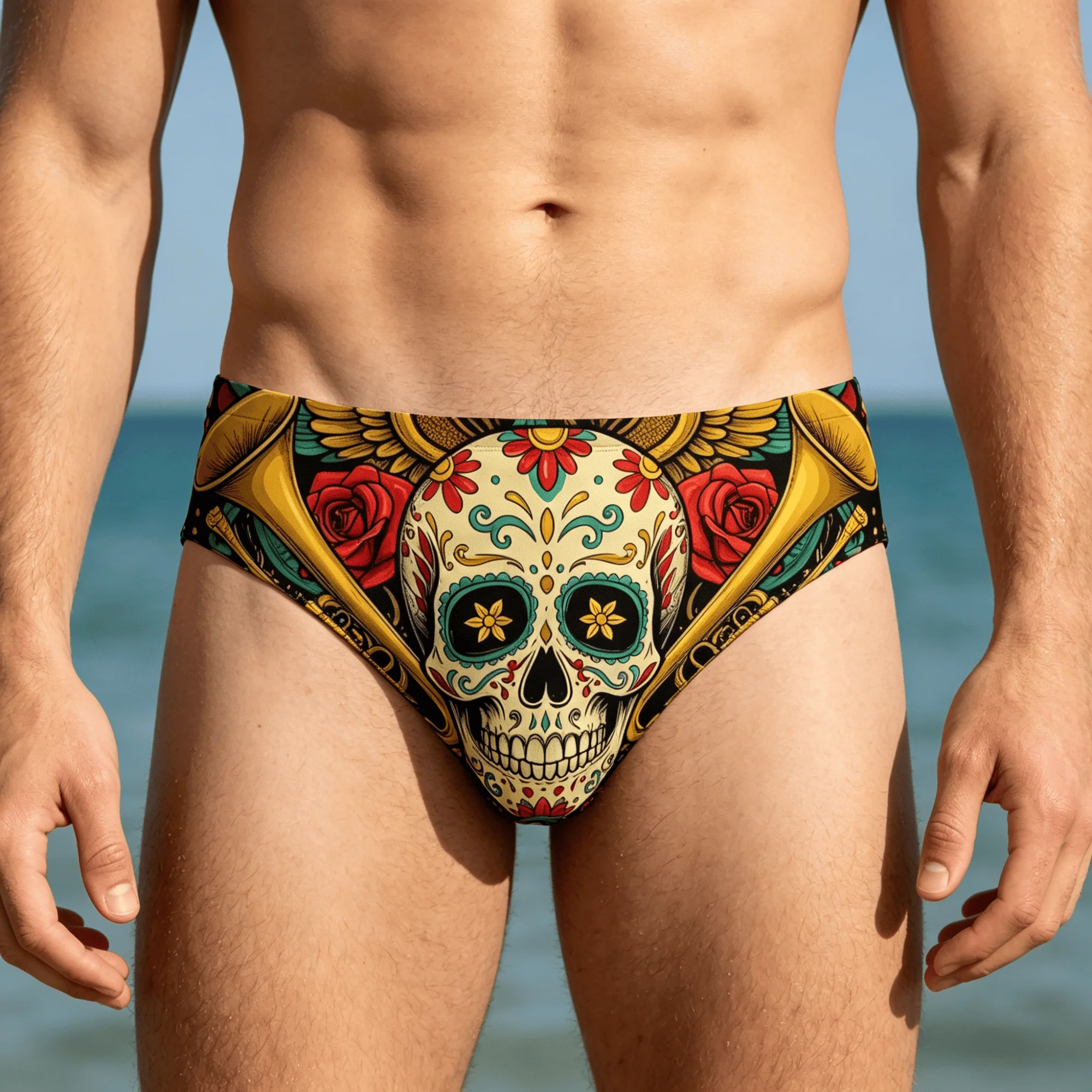Day of Dead Sugar Skull Print Swim Trunks Slim Fit Durable Drawstring Triangle Swim Trunks Water Park Sunbathing Holiday Gift