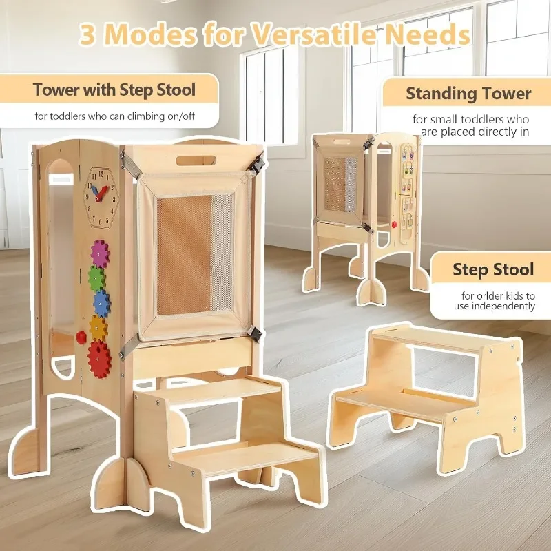 New.Toddler Tower، مساعد مقعد مطبخ للأطفال الصغار قابل للطي مع مقعد بخطوتين، مقعد خشبي للأطفال الصغار مع شبكة أمان #3