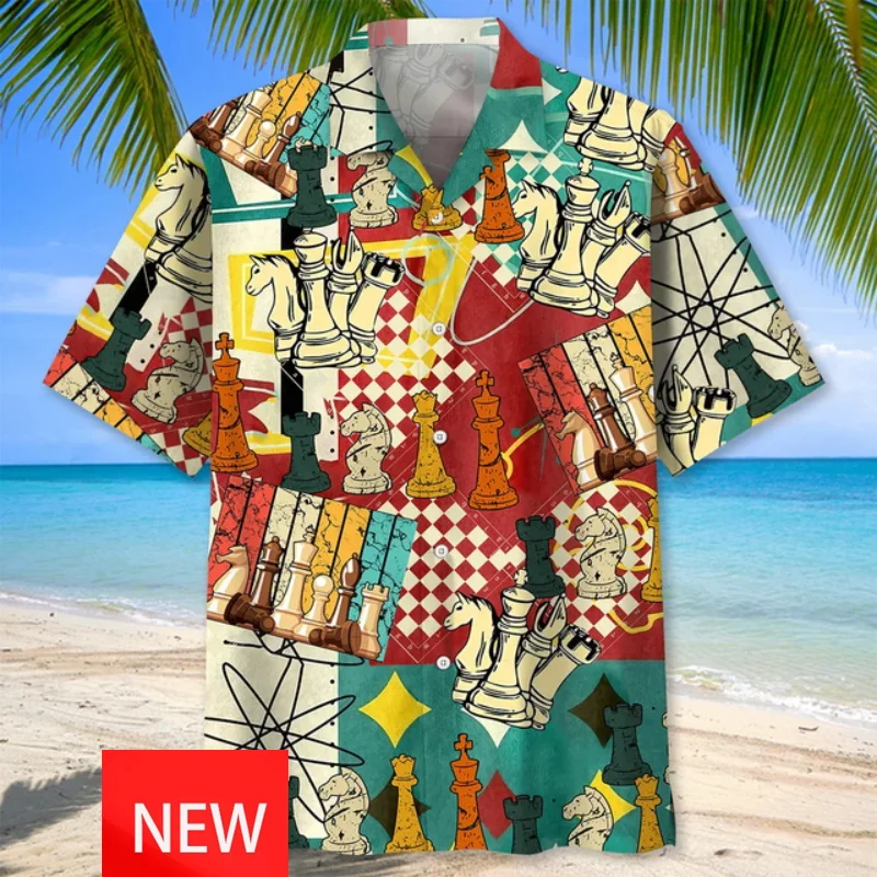 All Over Print Heren Schaakspel Hawaiiaanse Shirts Zomer Korte Mouw Button Up Schaakbord Strand Shirts Blouse Streetwear