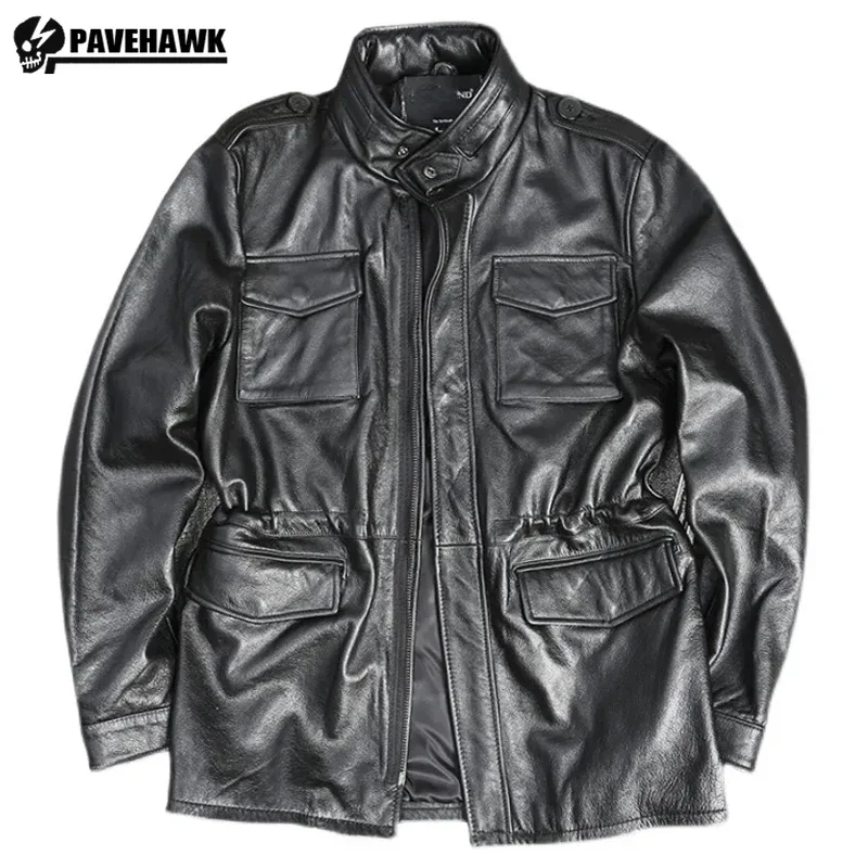 M65 Hunting100% Genuine Leather Jacket Men Cowhide Mid-length Multiple Pockets Coat Winter Autumn Windproof Motorcycle Outwear