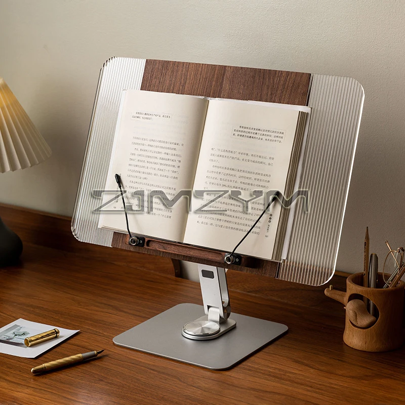 Book Stand for Reading Adjustable Book Holder with 360° Rotating Base Elastic Page Clips Foldable Desktop Riser Stand