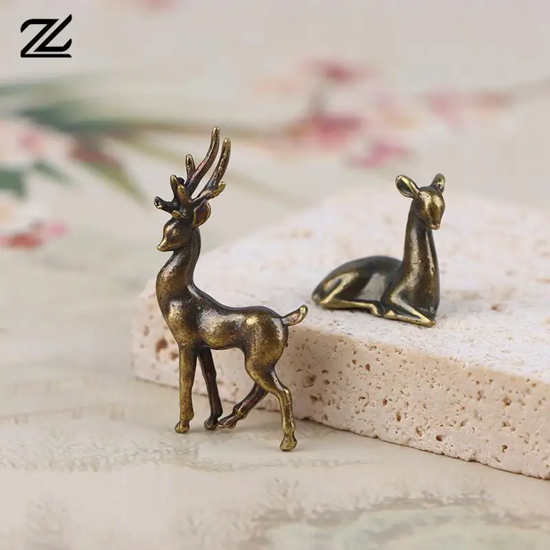 1Pc Copper Alloy Sika Deer Tabletop Small Ornaments Vintage Animal Figurines Desk Decorations Accessories Home Decor Crafts