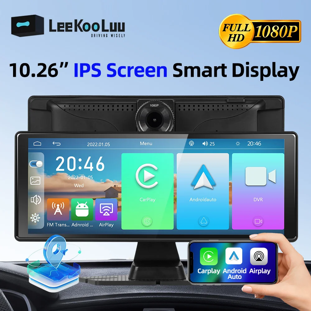 

LeeKooLuu 10.26" IPS Screen Carplay Portable Car MP5 Player Wireless Android Auto with Front DVR Cam Support Rear View Camera