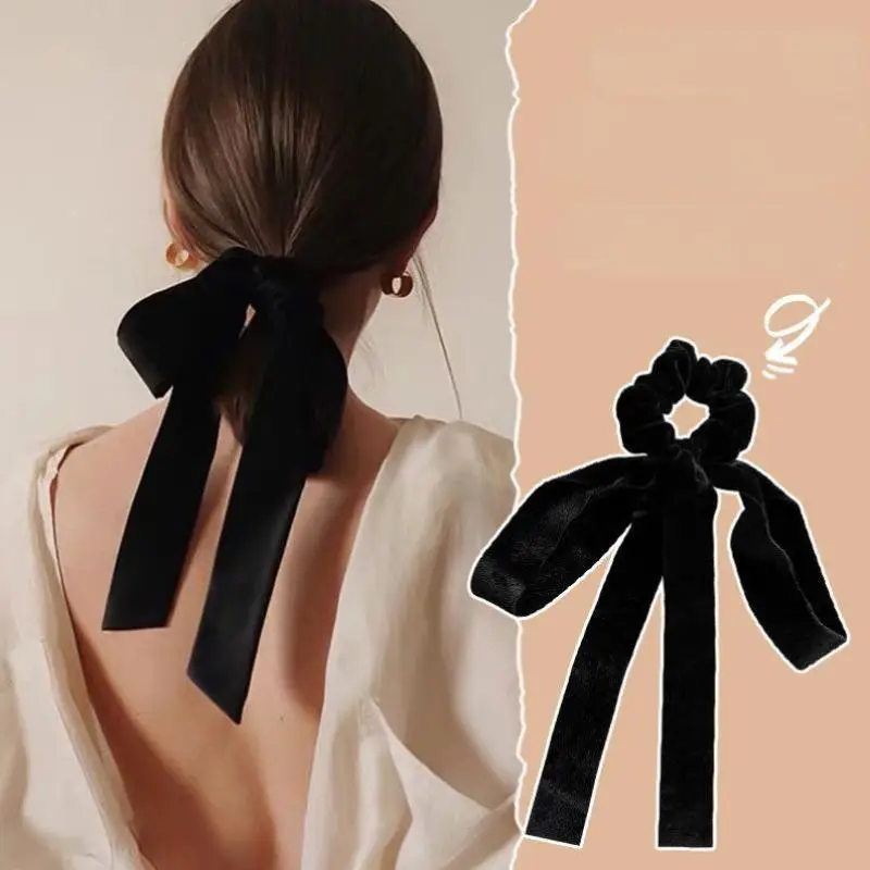Z. Cinta para el pelo con lazo de terciopelo negro vintage a la moda para mujeres y niñas, lazo elástico largo para el pelo, accesorios para el cabello femeninos