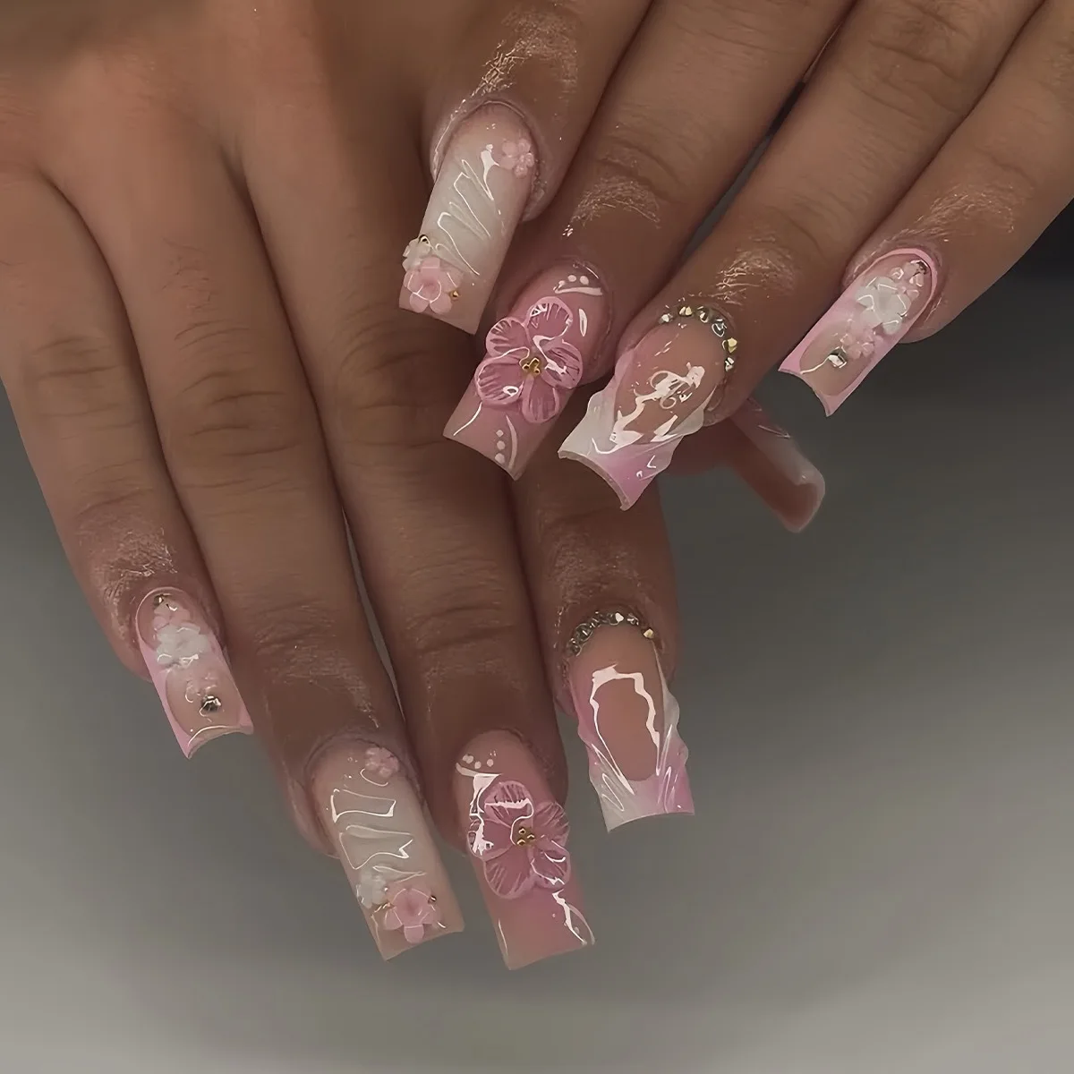 24 pezzi set di unghie a testa quadrata lunga stampa sul bordo bianco design francese unghie finte staccabili artificiali copertura completa punte per unghie finte