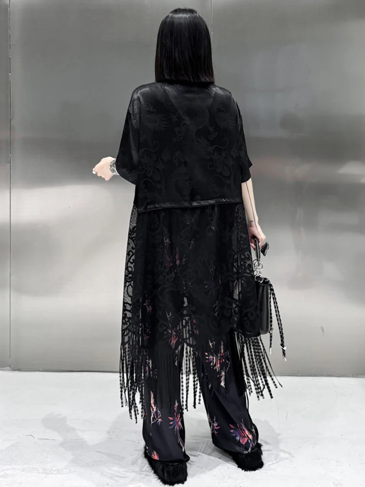 [EAM] Women Black Lace  Spliced Hem Tassels Big Size Dress New Stand Collar Sleeve Fashion Tide Spring Summer 2024 1DH5406