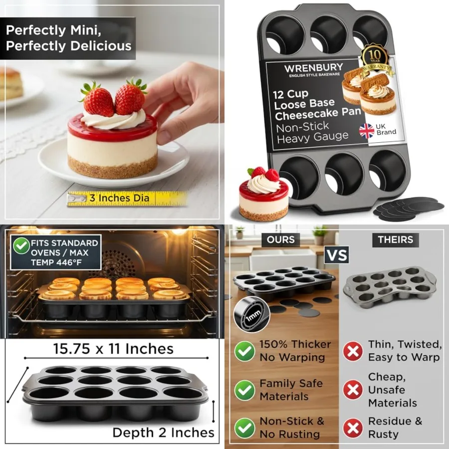 

Pro Mini Cheesecake Pan - Nonstick Carbon Steel, Removable Bottom, 12 Cup, 3-Inch, Easy Clean, PFOA-Free
